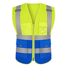 Blue safety vests are often used by police officers and parking attendants. High Visibility Yellow Blue Mesh Safety Vest Reflective With Zipper And Pockets Construction Reflective Vest Jacket M Yellowblue Buy Online In Bahrain At Bahrain Desertcart Com Productid 158375166