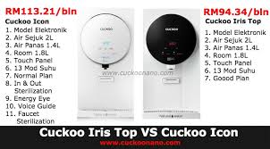 Miliki penapis air cuckoo iris top serendah rm 70.75 sebulan.cuckoo king top dilengkapi dengan fungsi kawalan 13 suhu serta digital touch panel. Apa Beza Cuckoo Iris Top Vs Icon Mana Lebih Berbaloi