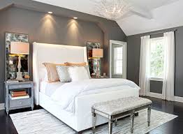 Bedroom, broken white wall painting black bed with cover exposed wood bulb hanging light grey. Gray And White Bedrooms Houzz