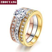 أعلى جودة 3 قطع مزيج الألوان تشيكوسلوفاكيا خاتم الزفاف مجموعة الذهب مطلي الكلاسيكية Elgant م Jewelry Wedding Rings Cubic Zirconia Wedding Rings Gold Color Ring