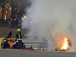 Haas driver romain grosjean escapes from a huge crash at the start of the 2020 bahrain grand prix, which ripped his car in half after piercing the barrier just after turn 3 at high speed. Bahrain Grand Prix Grosjean Survives Fireball Crash On Opening Lap Motorsport Gulf News