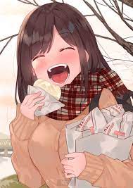 anime girl, original character, anime, schoolgirl, sweater, school uniform,  scarf, winter, eating, anime girl eating, happy,