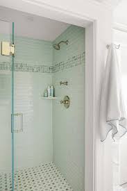 Mint Green Subway Tiles In Walk In Shower Cottage Bathroom In 2020 Green Tile Bathroom Shower Tile Designs Mint Green Bathrooms
