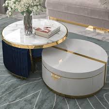 Made of manufactured wood, faux marble and gold metal, it ensures sturdy construction and steady support. Black White Nesting Coffee Table With Ottomans Faux Marble Coffee Table With Stool Round Wood Coffee Table With Drawer Coffee Tables Living Room Furniture Furniture
