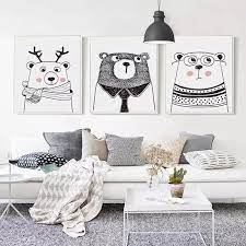 Online Shop 07g Nordic Black And White Cartoon Animal Rabbit Deer Bear A4 A3 Canvas Art Picture Baby Bedroom Kids Room Wall Decor Kids Room Wall Kid Room Decor