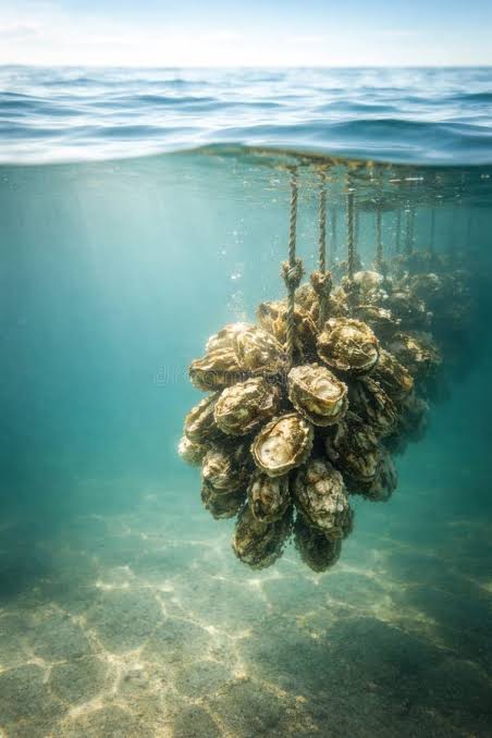 Underwater View of Suspended Oyster Farm with Clusters of Oysters Hanging  from Ropes in Clear Blue Water, Sunlight Filtering Stock Image - Image of  oyster, cultivation: 438635133