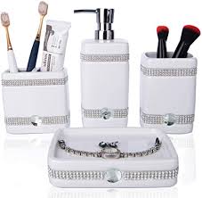 All products from ceramic bath accessories sets category are shipped worldwide with no additional fees. Amazon Com Caa S Bathroom Accessories Set Ceramic 4 Pieces Bathroom Ensemble For Bath Decor Includes Lotion Dispenser Toothbrush Holder Tumbler Soap Dish White Inlaid Zircon Home Kitchen
