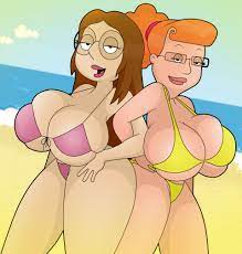 2girls alternate breast size ass beach big breasts big penis  bikini breasts brown hair bursting breasts busty cleavage duo eyelashes family  guy female female only glasses half-closed eyes huge