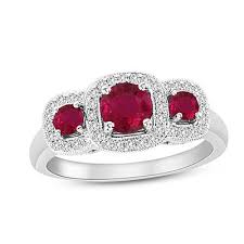 Ruby And 1 5 Ct T W Diamond Vintage Style Three Stone Engagement Ring In 14k White Gold