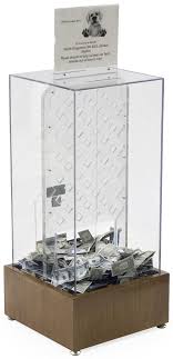 Donation Box With Prize Drop Board Lock Floorstanding W Walnut Wood Base Clear In 2020 Donation Box Steel Fixtures Walnut Wood