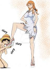 domination feet femdom foot heels high heels kissing feet monkey  d luffy nami one piece platform heels post-timeskip red hair smiling 