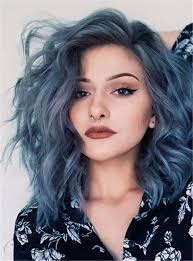 Mid Length Loose Wavy Side Swept Fringes Synthetic Lace Front Wigs 14 Inches Hair Styles Denim Hair Short Blue Hair