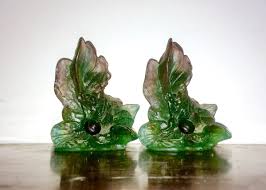 Daum Nancy Pair Pate de Verre Black Snail Leaves Candlesticks