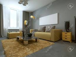 Shop at curtainsmarket.com for living room curtains with description chocolate brown curtains are modern style. Yellow Sofa In Modern Living Room With White Poster On The Grey Stock Photo Picture And Royalty Free Image Image 66490202