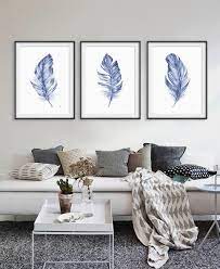 Printable Wall Art Set Blue Feather Print Downloadable Prints Set Of 3 Large Wall Large Wall Art Bedroom Printable Wall Art Living Room Artwork For Living Room