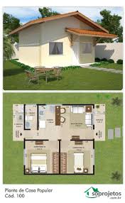 Casas Pequenas Plantas De Casas Com Cozinha Americana E 2 Quartos Planta De Casa Popular Com 46 M2 Cod 100 Plantas De Casas Populares Plantas De Casas Projetos De Casas