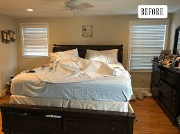 There are many things to consider as you go about decorating your bedroom. Bedroom Makeover Dark Furniture To Bright White With Wallpaper Accent Wall Nesting With Grace