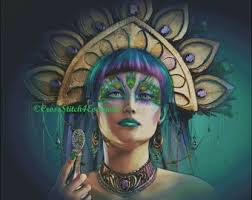 Patrón digital en PDF de punto de cruz contado de una mujer con un pavo  real de fantasía