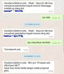 Kemungkinan saya bisa hadir jam 12 siang dan bekerja seperti biasanya. Contoh Surat Izin Sakit Lewat Whatsapp Ruang Sipil