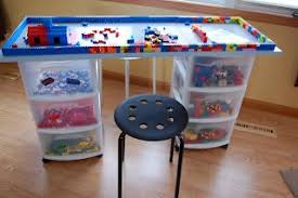 Lego Storage Table Using Plastic Drawer Cabinets A Four Foot Board And A Few 15x15 Lego Building Mats Organization Kids Lego Table Diy Lego Station
