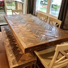 Tops can be crafted in thicknesses that range from 1 to 6 and widths up to 30″. Farmhouse Reclaimed Wood Herringbone Dining Table Benches Etsy In 2021 Dining Table With Bench Table And Bench Set Dining Table