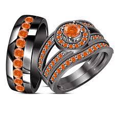 Orange Sapphire Engagement Ring Wedding Band Trio Set Black Gold Over 925 Silver Engagement Rings Sapphire Engagement Ring Wedding Band Wedding Rings