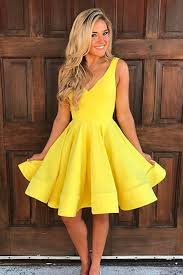 A Line V Neck Knee Length Sleeveless Yellow Satin Homecoming Dress Homecoming Dresses Under 100 Satin Homecoming Dress Yellow Homecoming Dresses