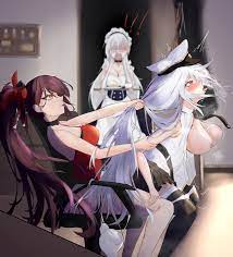 3girls areolae arm grab arms held back azur lane belfast (azur  lane) bra bra removed brown hair caught caught in the act cheating cucked  by lesbian cuckquean dominant domination