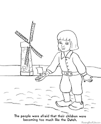 The coloring pages include pilgrim and native american boys and girls, pilgrim ships, turkeys, and thanksgiving dinner. Printable Pilgrim History Coloring Page 006