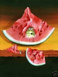 Lee CHRISTOPHERSON Frog/Watermelon Trompe l'oeil Print