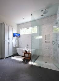 25 Terrific Transitional Bathroom Designs That Can Fit In Any Home In 2020 Dark Floor Bathroom Transitional Bathroom Design Contemporary Bathroom Designs