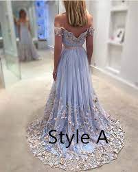 Light Blue Tulle Off The Shoulder Evening Gowns Lace Embroidery Prom Dresses Boho Prom Dress Tulle Evening Dress Princess Prom Dresses