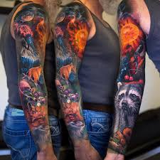 A wolf in the night. Nature Sleeve Artist Christos Zorbas Follow Skingiants For Daily Full Sleeve Tattoos Tattoos Full Sleeve Tattoo Design