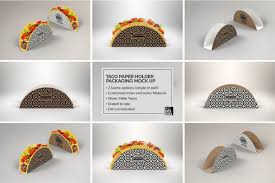 Upload your own design onto the front mockup template for showcasing a tall product box. Paper Taco Holder Packaging Mockup Food Box Packaging Packaging Mockup Free Packaging Mockup