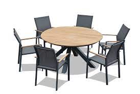 Whether it's a potting table for the greenhouse, a wooden picnic table for family gatherings, or a little table for the kids, garden tables play an important role in outdoor living. Rio Teak 7pce Round Timber Outdoor Dining Settings Outdoor Furniture Superstore