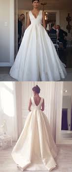 Ball Gown V Neck Open Back Satin Ivory Wedding Dresses With Pockets Ball Gown Wedding Dress Wedding Dress With Pockets Wedding Dresses Satin