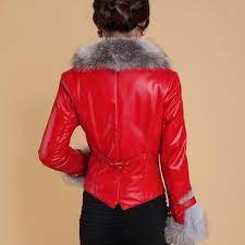 Slim Fit Red Winter Leather Jacket With Silver Fox Fur Winter Jackets Women Fur Coats Women Fur Coat Fashion