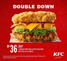 It has two pieces of fried chicken fillet instead of the typical bread, containing bacon, cheese, and sauce. Double Down Rp 36 364 At Kfc July 2020 Paris Van Java