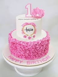 First Birthday Cake Images For Girls Ruffles Theme 2 Tier Fondant Cake For Girls 1st Birthday In Pune In 2020 Baby Girl Birthday Cake Baby Birthday Cakes Girls First Birthday Cake
