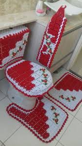 Maravilhoso Jogo Para Banheiro Na Cor Branco Com Vermelho Tapete Mede 70x45 E A Tampa Do Vas Tapete Para Banheiro Croche Para Banheiro Jogos De Banheiro Croche