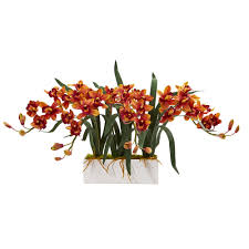 The Elegant Blooms Of This Cymbidium Orchid Artificial Arrangement Really Stand Out The Green Foliage That Drapes Sli White Vases Flower Vases Geometric Vases