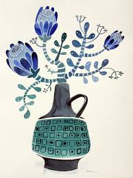 Blue Proteas In Retro Vase By Sally Browne Botanical Floral Art Botanical Art Flower Art