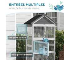 Volière grande cage à oiseaux en bois - 3 portes, toit bitumé double pente,  échelle, perchoirs, nichoir, plateau - gris