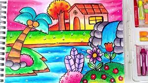 Mewarnai gambar pemandangan khas indonesia alamendah s blog. Pemandangan Air Terjun Dan Rumah Cara Menggambar Dan Mewarnai Gradasi Oil Pastel Youtube