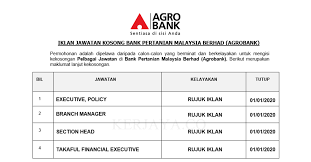 Portal jawatan kosong terkini ingin berkongsi maklumat peluang pekerjaan di bank pertanian malaysia berhad (agrobank) yang kini dibuka untuk semua warganegara malaysia dan bagi mereka yang berminat serta berkelayakan dipelawa untuk mengisi kekosongan jawatan ini seperti berikut Jawatan Kosong Terkini Bank Pertanian Malaysia Berhad Agrobank Eksekutif Branch Manager Pelbagai Jawatan Kerja Kosong Kerajaan Swasta