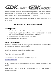 Offre D Emploi Gbk Gdk Motos Recherchent Un Mecanicien Avec Experience Acidmoto Ch Le Site Suisse De L Information Moto