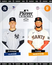 Aaron Judge: 3 HR, 5 RBI, 5 2B, .500/.630/1.200 Luis Matos: 2 HR. 16 RBI,  .385/.385/.731 Your Chevrolet Players of the Week!