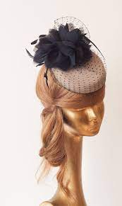 Amazing Beige Navy Blue Fur Felt Fascinator With Veil Silk Flower Mini Hat For Women Fur Felt Cocktail Hat Blue Fur Hats For Women Pretty Hats