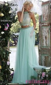 High Neck Sherri Hill Two Piece Prom Dress With Lace Top In Light Green Prom Dresses Green Prom Dress Sherri Hill Prom Dresses