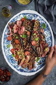 Top with the roast aubergines and tomatoes. Griddled Lamb Leg Steaks With Roasted Aubergines Tomatoes And Couscous